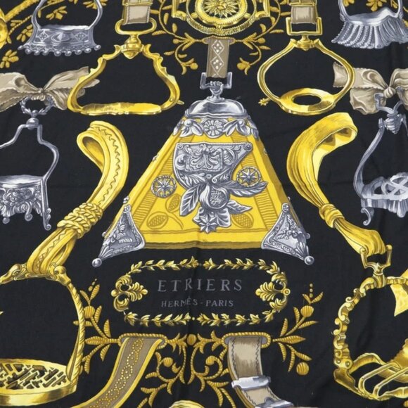 HERMES Carre 90 ETRIERS Scarf Shawl Gold Black Silk - Picture 1 of 11